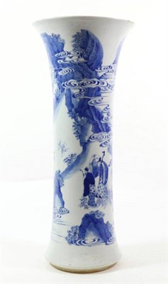 Lot 354 - A Chinese Porcelain Beaker Vase, in Kangxi style, painted in underglaze blue with figures on a...