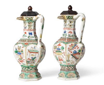 Lot 356 - A Pair of Chinese Porcelain Puzzle Jugs, Kangxi, of hexagonal baluster form with pierced necks...