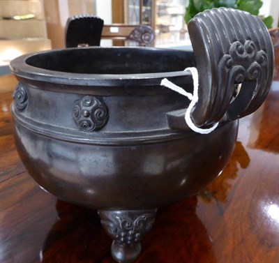 Lot 369 - A Chinese Bronze Censer, Ding, bears six character Xuande reign mark, of ovoid form with reeded...