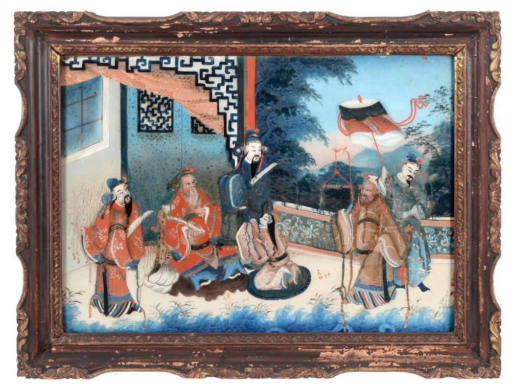 Lot 371 - A Chinese Export Reverse Painting on Glass, early 19th century, painted with a dignitary and...