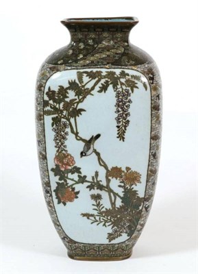 Lot 377 - A Japanese Cloisonné Enamel Vase, Meiji period, decorated with birds perched on flowering branches