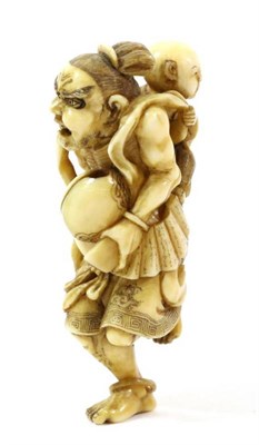 Lot 387 - A Japanese Ivory Netsuke, Edo/Meiji period, as a Nio running carrying a child on his back, 7cm high