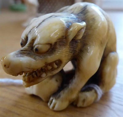 Lot 396 - A Japanese Ivory Okimono, Edo period, carved as a seated wolf with its forepaws on a human...