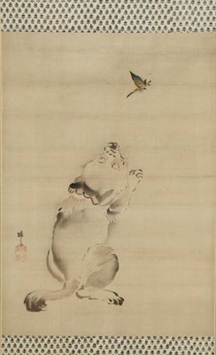 Lot 397C - Mori Tetsuzan (1775-1841) Study of a cat with a butterfly Signed and with seal mark,...