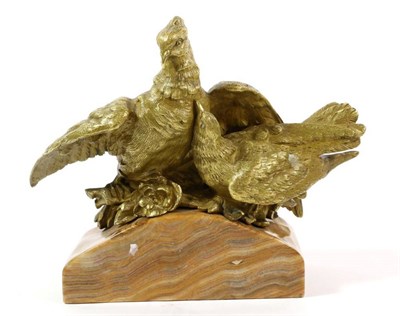 Lot 402 - A French Gilt Bronze Group of Two Birds, late 19th/early 20th century, on a later marble base, 15cm