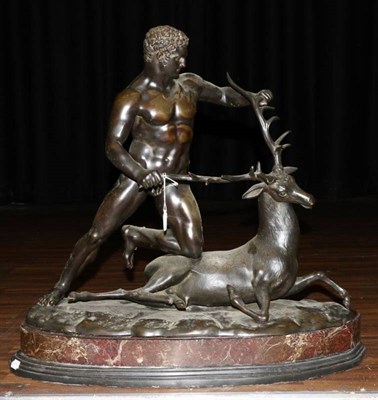 Lot 406 - French School (late 19th century): A Bronze Group of Hercules and the Stag, the nude figure holding