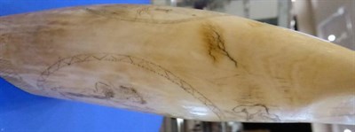 Lot 407 - A Scrimshaw Whale's Tooth, 19th century, engraved with a gentleman falling on his sword,...