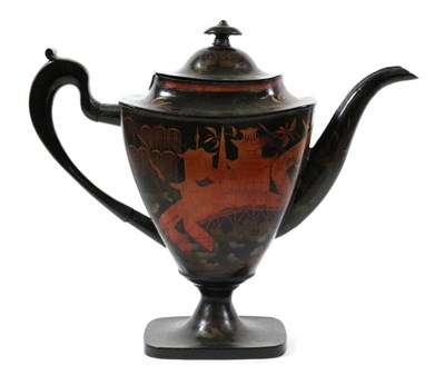 Lot 412 - A Japanned Toleware Coffee Pot and Hinged Cover, Pontypool, late 18th century, of flattened urn...