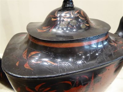 Lot 412 - A Japanned Toleware Coffee Pot and Hinged Cover, Pontypool, late 18th century, of flattened urn...