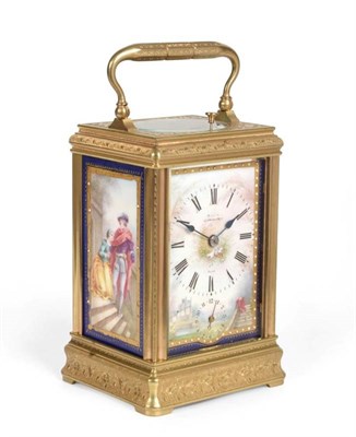 Lot 421 - A Brass Engraved Porcelain Mounted Striking and Repeating Carriage Clock with Alarm, signed...