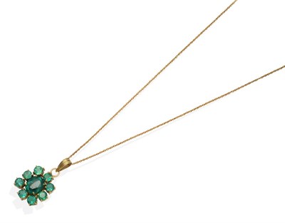 Lot 423 - An Emerald Cluster Pendant on Chain, an oval cut emerald within a border of smaller round cut...