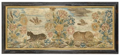 Lot 474 - 17th Century Silk Panel Worked in various stitches depicting a flowering leafy plant flanked by...