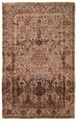 Lot 475 - Rare Kashan Silk Souf Rug Central Iran, circa 1920 The flat woven metal thread ground centred...