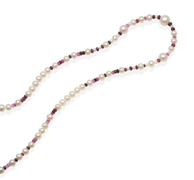 Lot 452 - A Cultured Pearl and Ruby Bead Necklace, faceted ruby beads spaced at intervals by groups of...