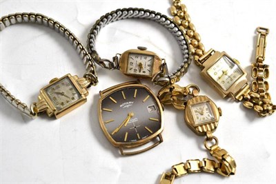 Lot 5 - Four lady's 9ct gold wristwatches and a gents 9ct gold wristwatch (5)