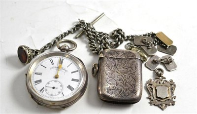 Lot 12 - A silver pocket watch, Albert chain, vesta, fob and two pairs of cufflinks