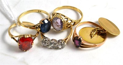 Lot 18 - Five assorted stone set 9ct gold and other rings and a 9ct gold cufflink