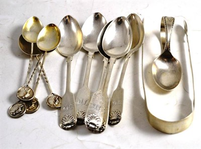 Lot 19 - A set of six Newcastle silver teaspoons, TS, 1847, a pair of sugar tongs, a baby feeder and...