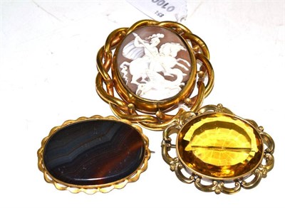 Lot 20 - Large cameo brooch, agate brooch and citrine brooch