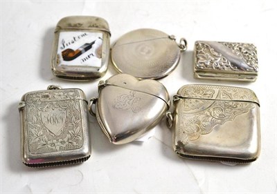 Lot 23 - A silver and enamel vesta 'Just one more pipe' (a.f.), five silver vestas and a silver pill box