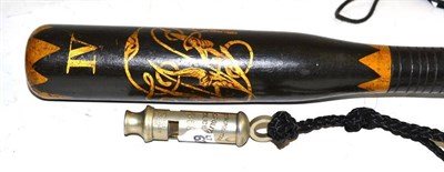 Lot 26 - William IV painted wood truncheon and a Metropolitan Police whistle