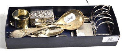 Lot 35 - A collection of assorted silver teaspoons etc, also a silver toast rack, watch holder, napkin ring