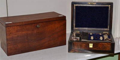 Lot 43 - A burr walnut cased travelling toilet set and a mahogany box