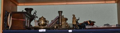 Lot 51 - An interesting shelf lot to include assorted Eastern metalwares, framed plaque, miniature two...