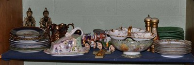 Lot 53 - Shelf of assorted ceramics including cabbage leaf design plates, Aynsley hors d'oeuvre dish,...