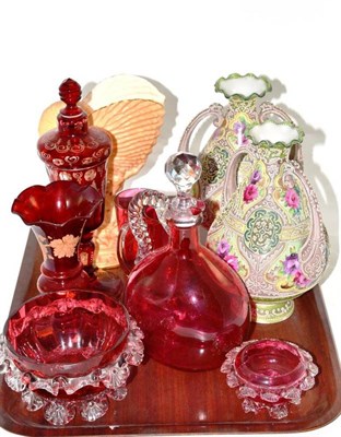 Lot 57 - Two Japanese moriage ware vases, cranberry and ruby glass vase etc and a Worcester Cornucopia vase