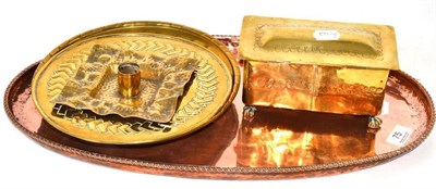 Lot 75 - Hugh Wallis copper tray, brass casket, brass dish, dish signed L.GIBBONS, and a pair of Perry & Co.