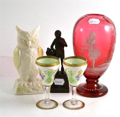 Lot 77 - A Belleek owl, two drinking glasses, Mary Gregory red glass vase (a.f.) and a small bronze...