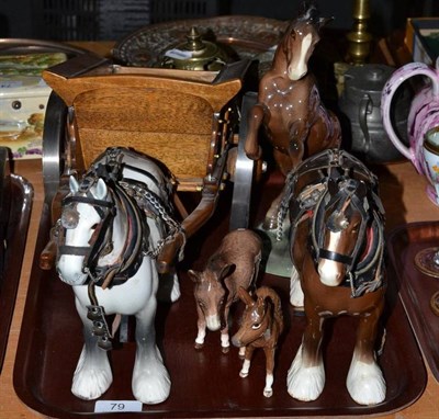 Lot 79 - A Beswick rearing horse, 1014, two shire horses in tack one with cart and two donkeys