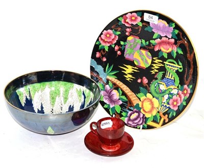 Lot 84 - A Newhall plate, Carlton ware bowl and a Ruskin cup and saucer