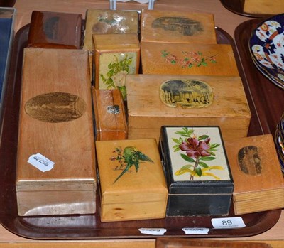 Lot 89 - Eleven assorted Mauchline ware and transfer printed decorated treen boxes