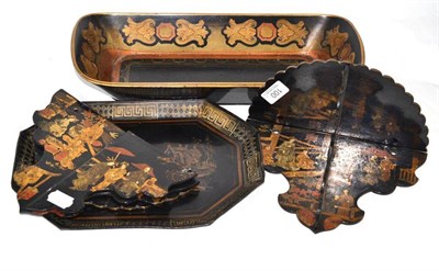 Lot 100 - Lacquer tray, tole tray and a pair of Japanese lacquer wall brackets