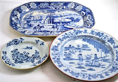 Lot 156 - Two 18th century Dutch Delft plates and a blue and white meat plate (a.f.)
