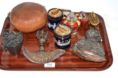 Lot 192 - Tray including metal profile bust of Wellington, table lighters, Tibetan ritual dagger, nest of...