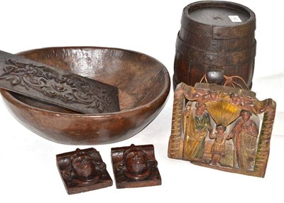 Lot 193 - Treen dough bowl, metal bound barrel, carved oak panel, religious polychrome decorated carving...