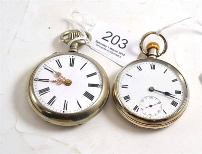 Lot 203 - A silver pocket watch and a plated pocket watch