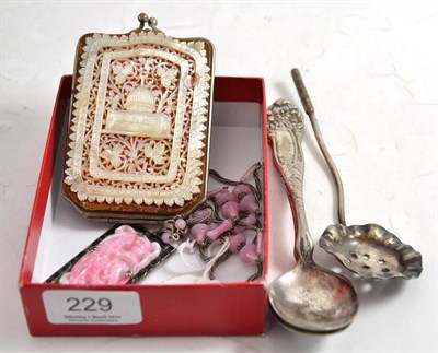 Lot 229 - Three metal spoons, lady's card case and a pink stone pendant in box