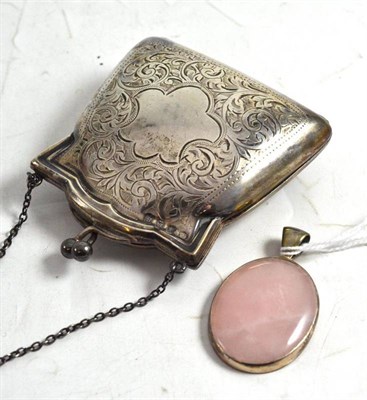 Lot 233 - Silver purse, rose quartz and silver pendant