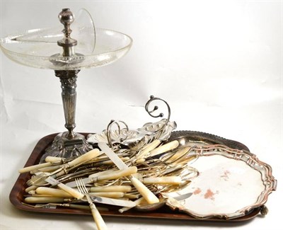 Lot 249 - A silver plated table centrepiece (the flute damaged), silver and mother of pearl dessert...