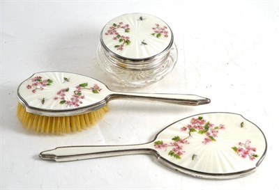 Lot 251 - A silver and enamel three piece dressing table set