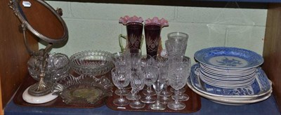 Lot 265 - Two 19th century blue and white meat plates, assorted side plates, two trays of assorted glass ware