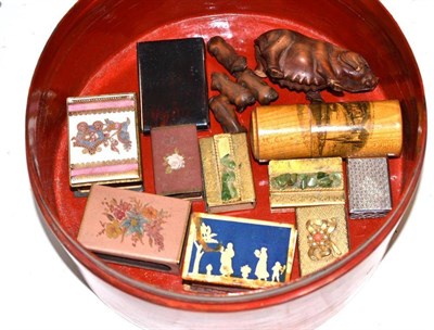 Lot 294 - A Japanese boxwood sow and four piglets (damages), eight matchbox covers, a white metal box, a...