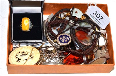 Lot 307 - Assorted jewellery including amber, agate and jade type pieces, and a brooch marked BARUCH K