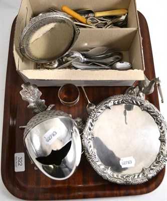 Lot 322 - A silver plated acorn spoon warmer, odd silver spoons, collection of silver plate, a silvered metal