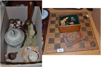 Lot 324 - A chess board, Staunton chess pieces, silver cream jug, silver teaspoon, pair of plated egg...