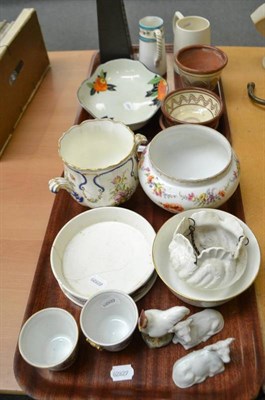 Lot 326 - Two trays of decorative ceramics including char dish, Dresden cache pots, Bursley vert de mer dish